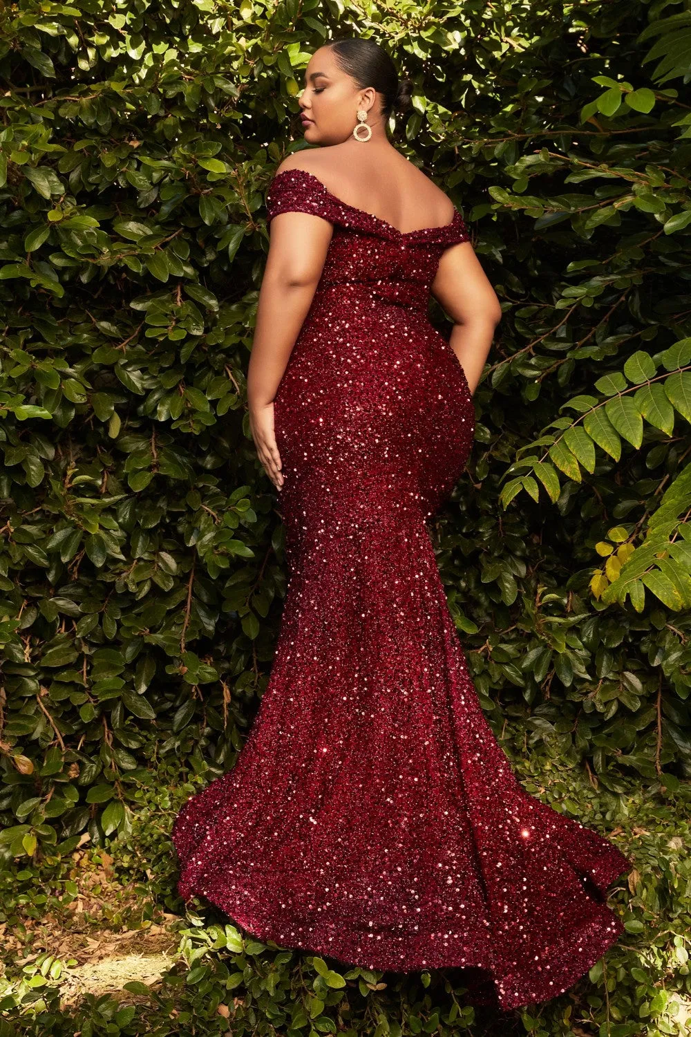 Off The Shoulder Sequins Mermaid Gown by Cinderella Divine CD975C - Curves