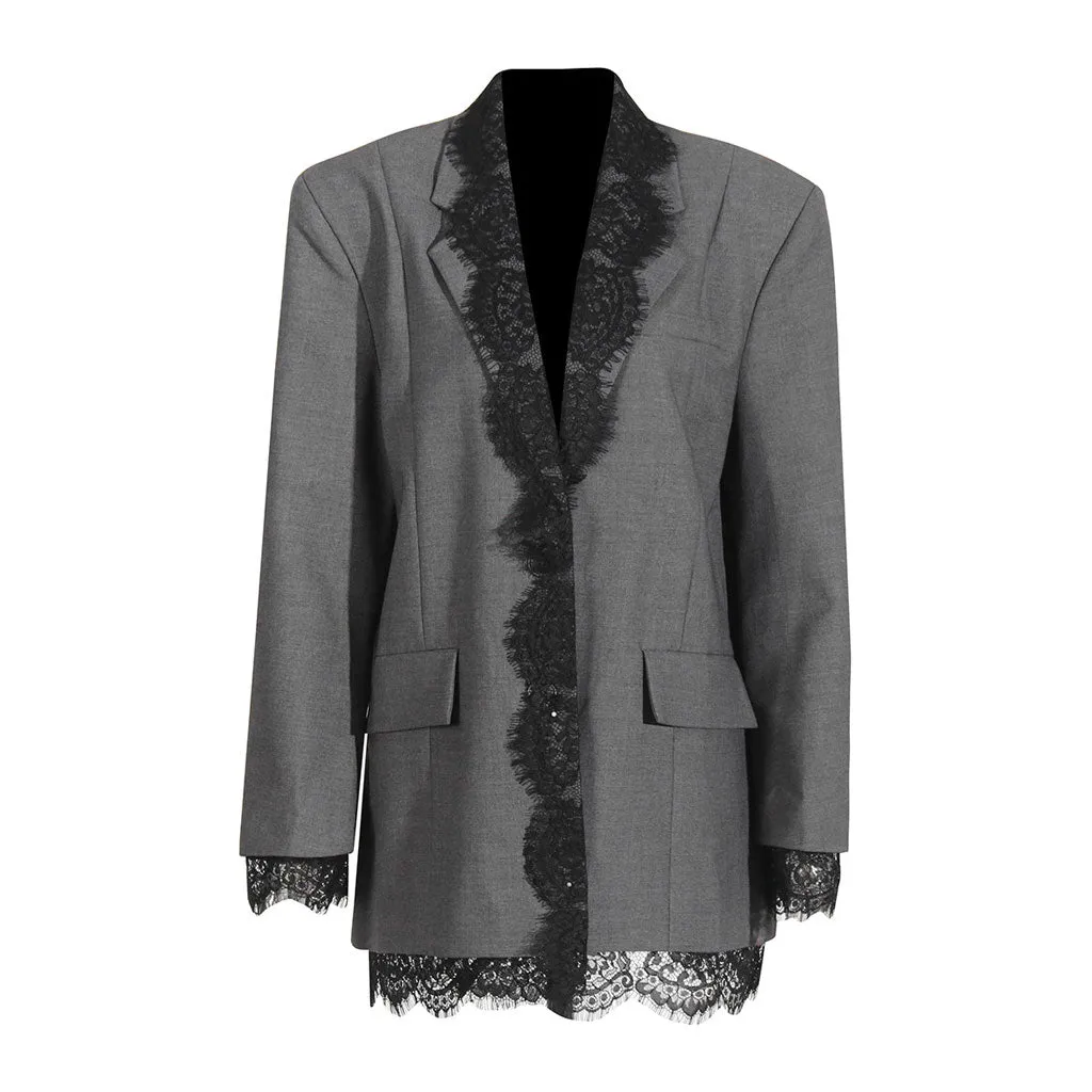 Offbeat Lace Trim Lapel Single Breasted Long Sleeve Oversized Long Blazer