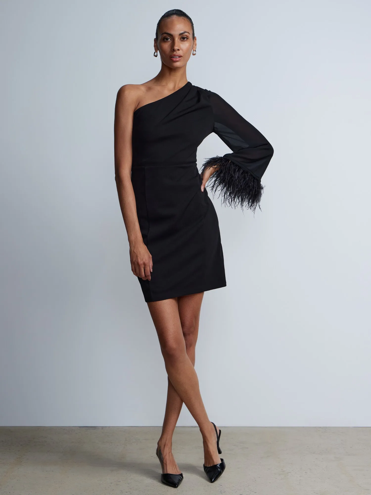 One-Shoulder Feather Trim Shift Dress