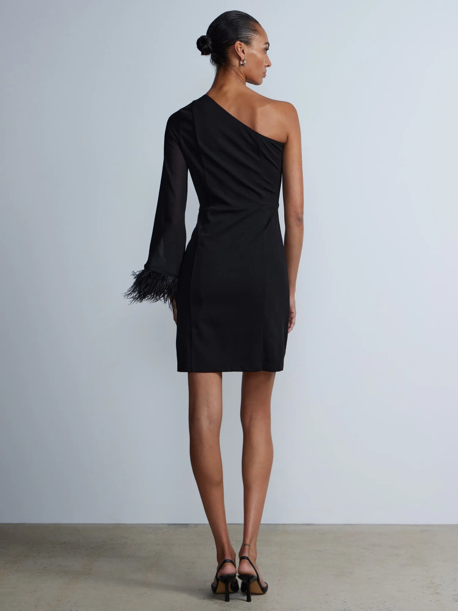 One-Shoulder Feather Trim Shift Dress