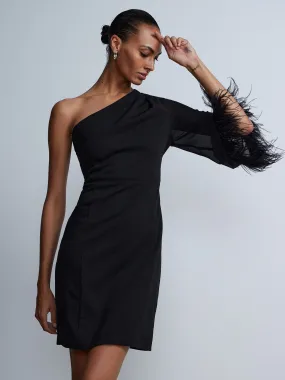 One-Shoulder Feather Trim Shift Dress