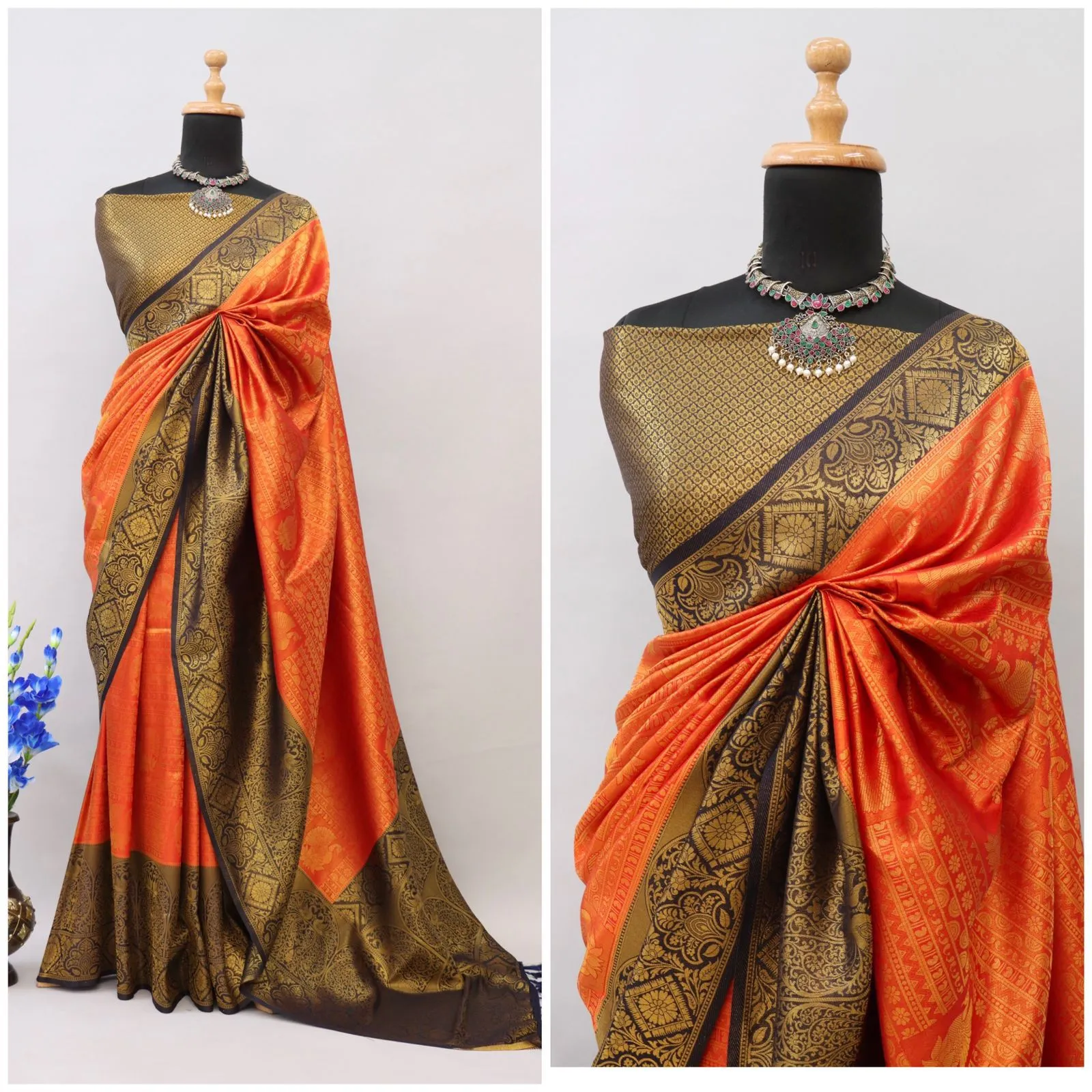 Orange Kuber Soft Silk Saree with Exquisite Golden Jari Work & Matching Blouse