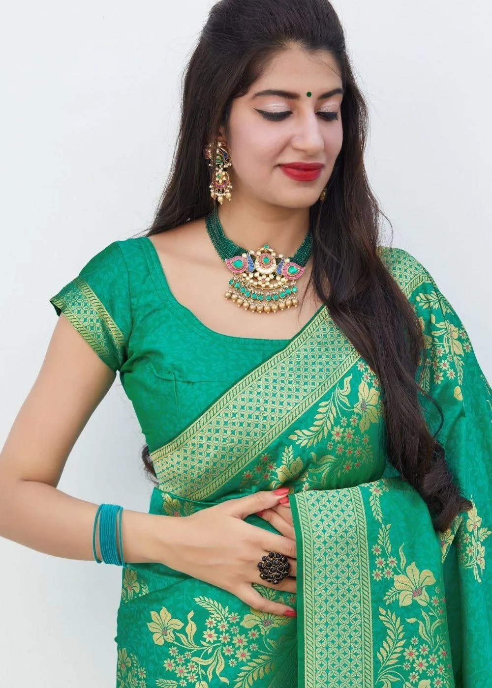 Parakeet Green Floral Motif Silk Saree | Stitched Blouse