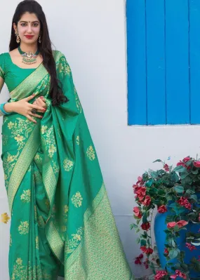 Parakeet Green Floral Motif Silk Saree | Stitched Blouse