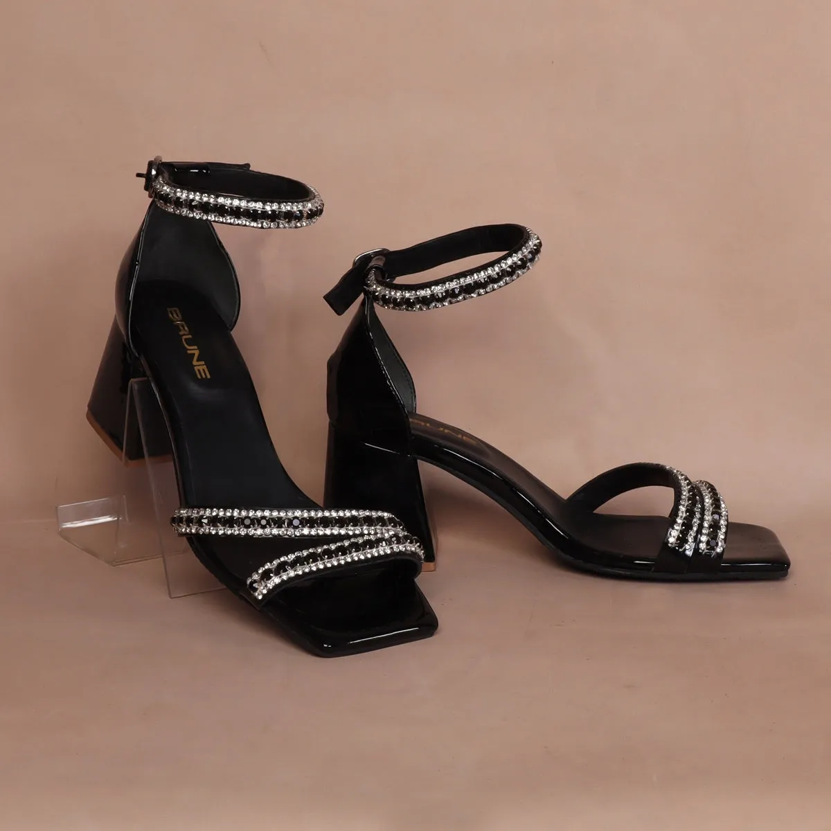 Patent Black Rhinestone Beads Embellishment Blocked Heel Buckled Strap Ladies Sandal By Brune & Bareskin