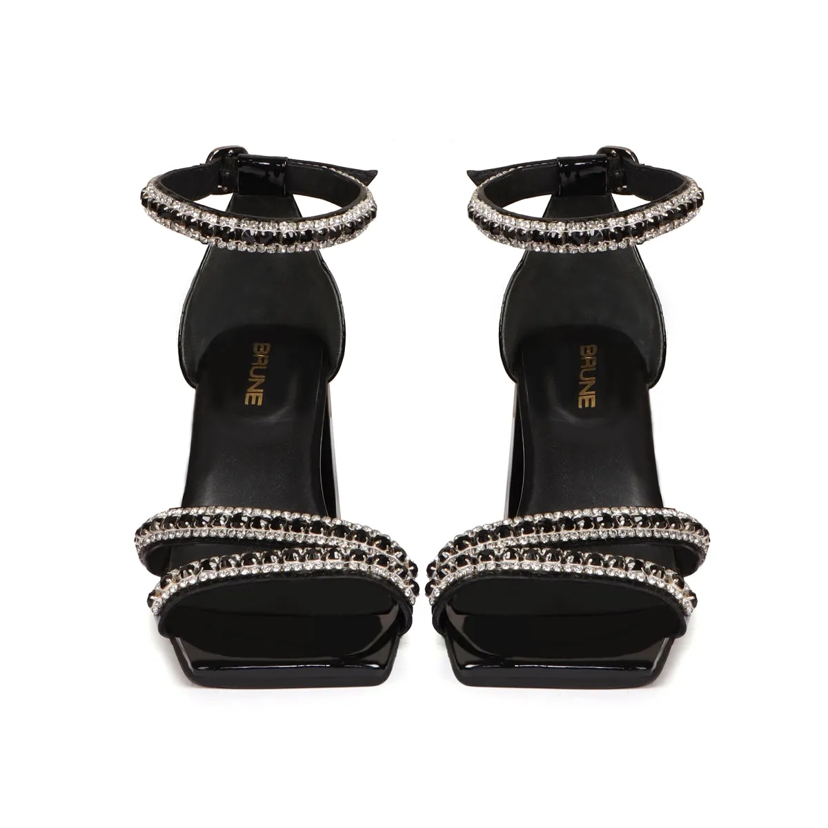 Patent Black Rhinestone Beads Embellishment Blocked Heel Buckled Strap Ladies Sandal By Brune & Bareskin