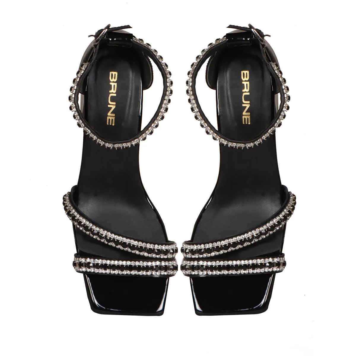 Patent Black Rhinestone Beads Embellishment Blocked Heel Buckled Strap Ladies Sandal By Brune & Bareskin