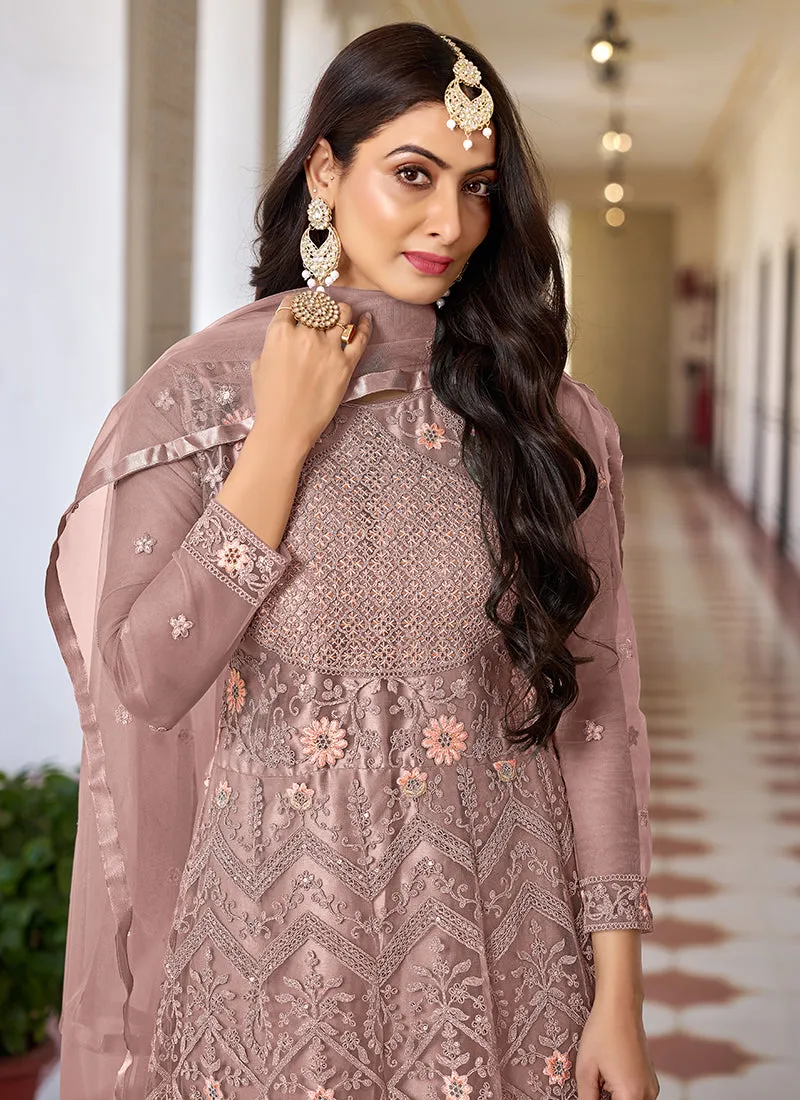 Peach Traditional Net Anarkali Suit