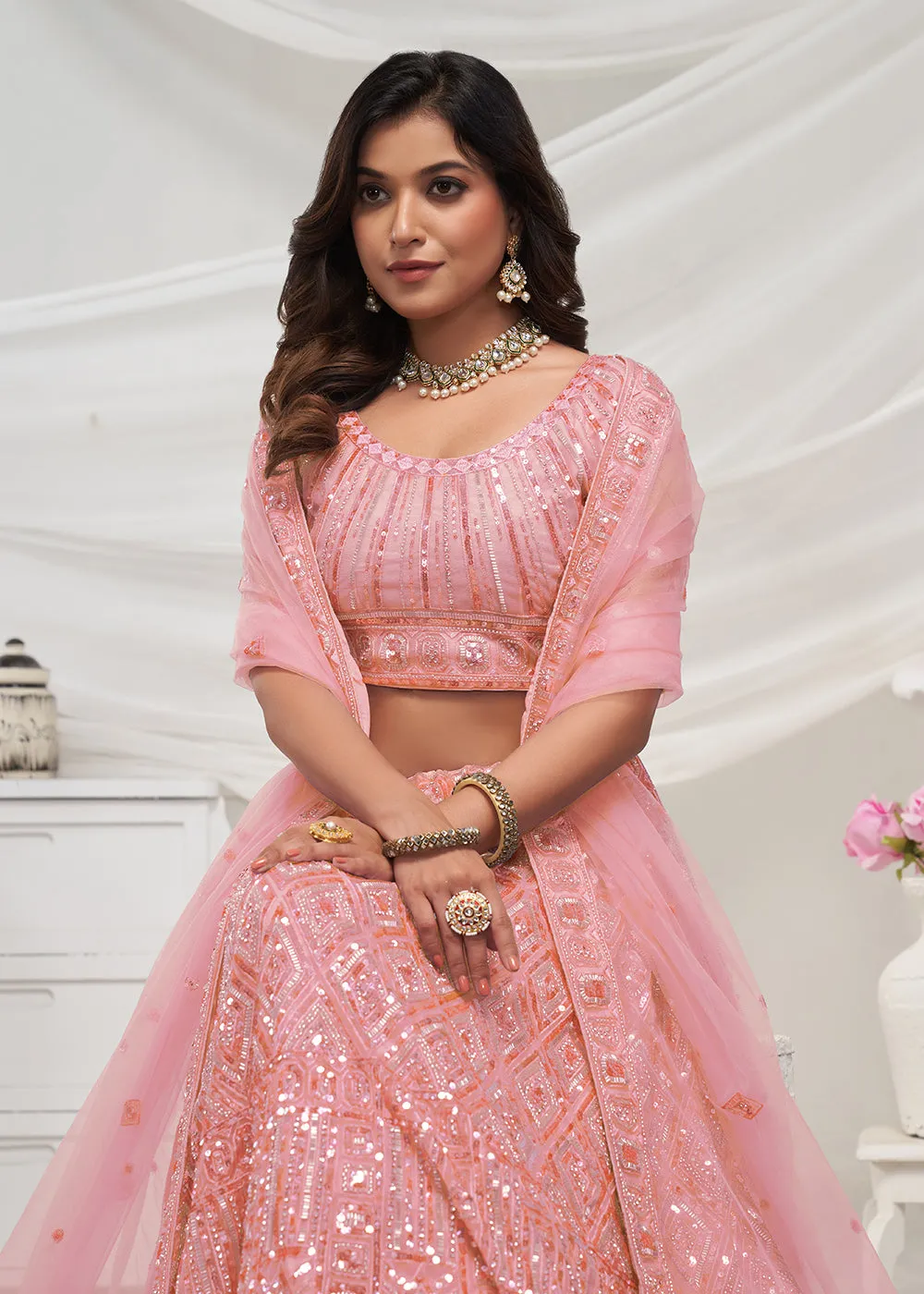 Pearled Peach Heavy Embroidered Bridal Lehenga Choli