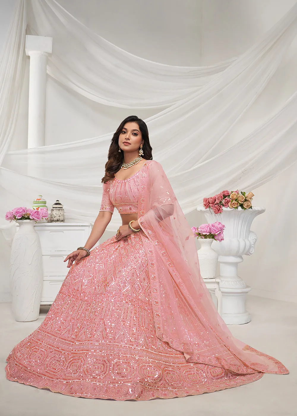 Pearled Peach Heavy Embroidered Bridal Lehenga Choli