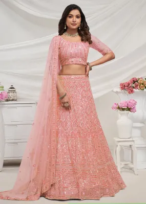 Pearled Peach Heavy Embroidered Bridal Lehenga Choli