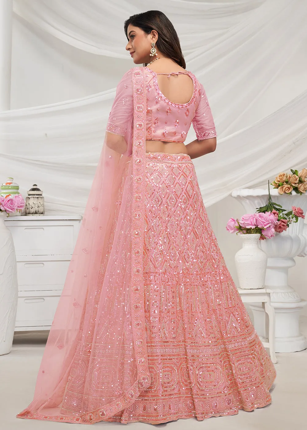 Pearled Peach Heavy Embroidered Bridal Lehenga Choli