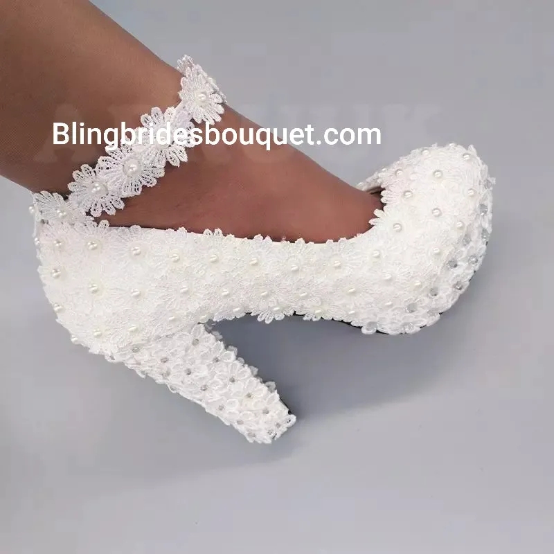 Pearls and Lace wedding pumps  snkle strap bridal shoes