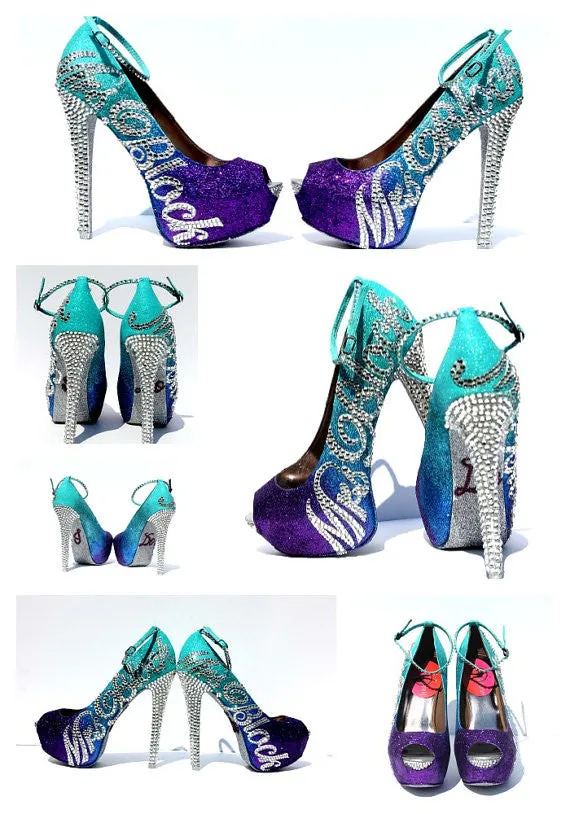 Personalized Aqua Purple Ombre Glitter Peep Toe Heels