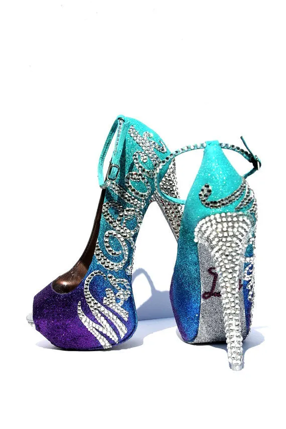 Personalized Aqua Purple Ombre Glitter Peep Toe Heels