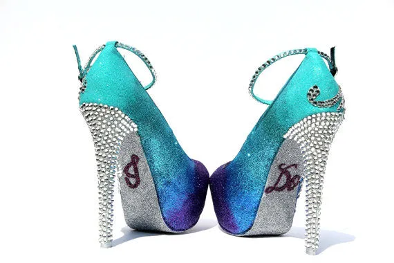 Personalized Aqua Purple Ombre Glitter Peep Toe Heels