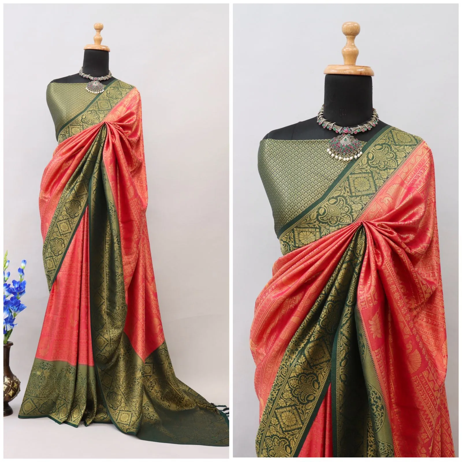 Pink and Green Kuber Soft Silk Saree with Exquisite Golden Jari Work & Matching Blouse