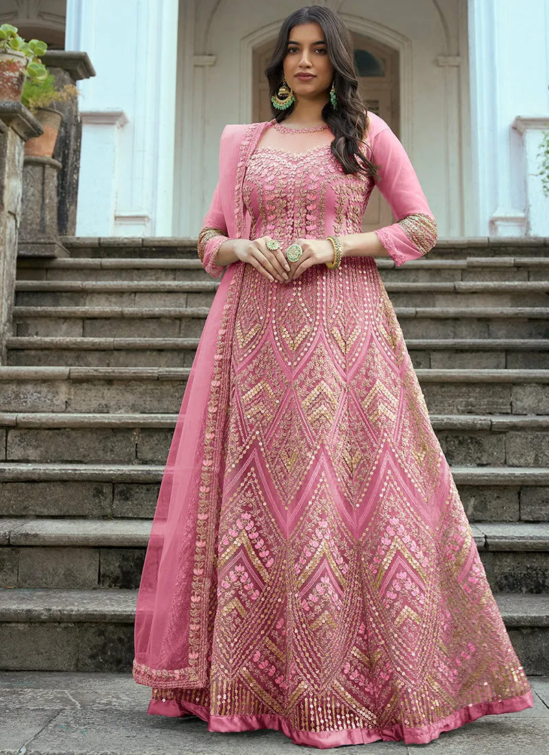 Pink Multi Embroidery Traditional Anarkali Suit