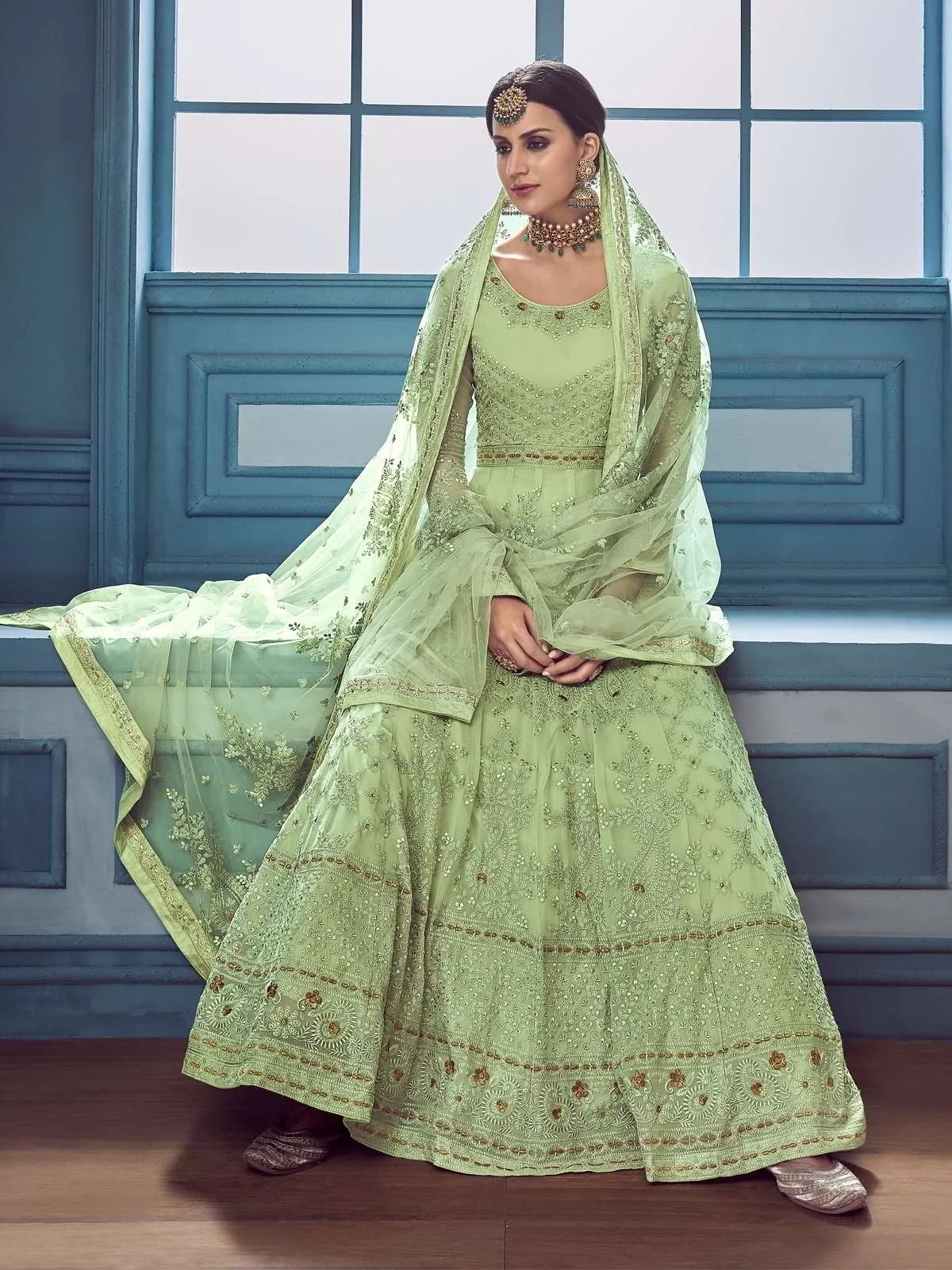 Pista Green Chikankari Embroidered Anarkali Suit