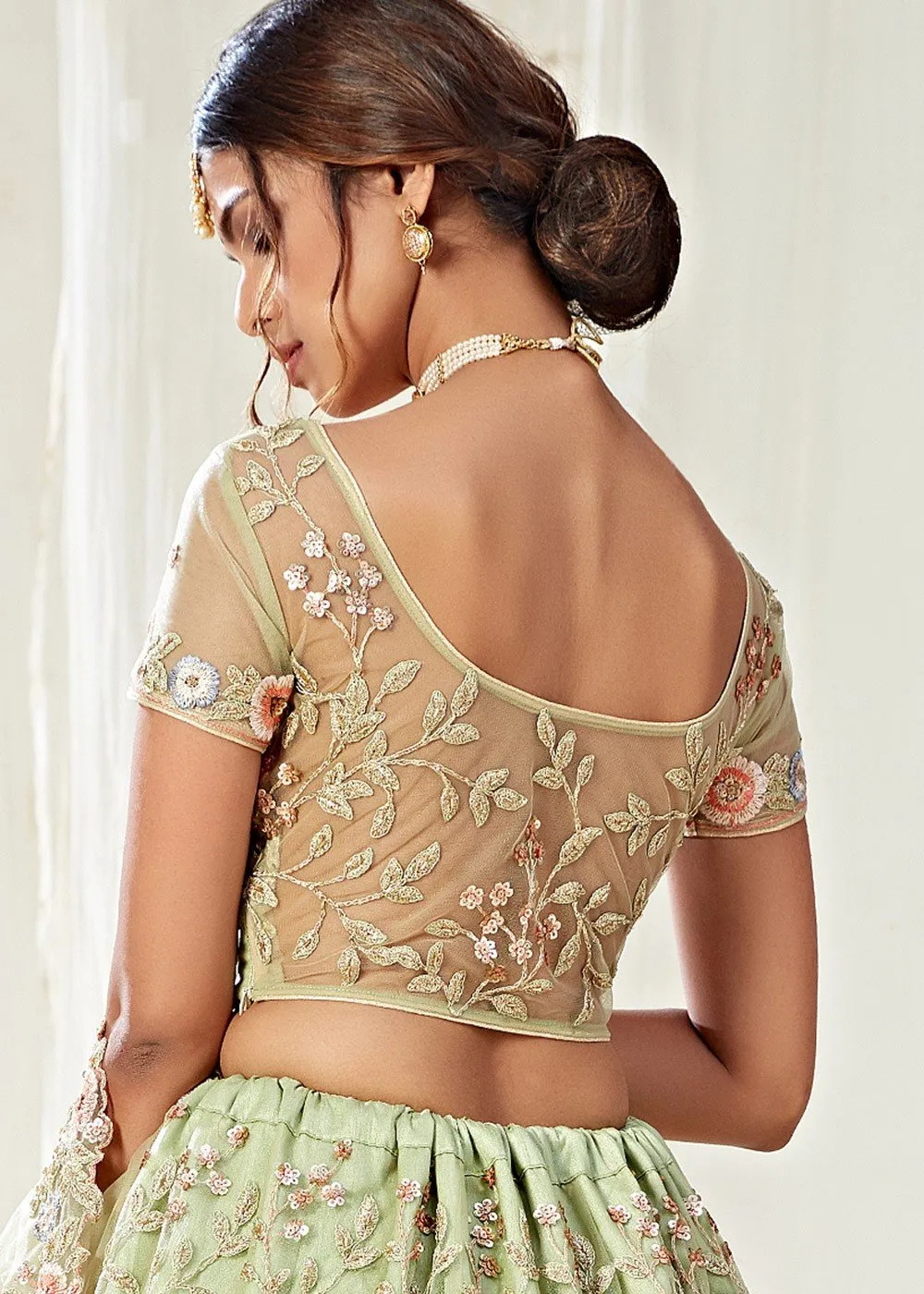 Pista Green Floral Embroidered Stunning Lehenga Choli