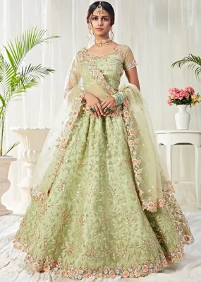 Pista Green Floral Embroidered Stunning Lehenga Choli