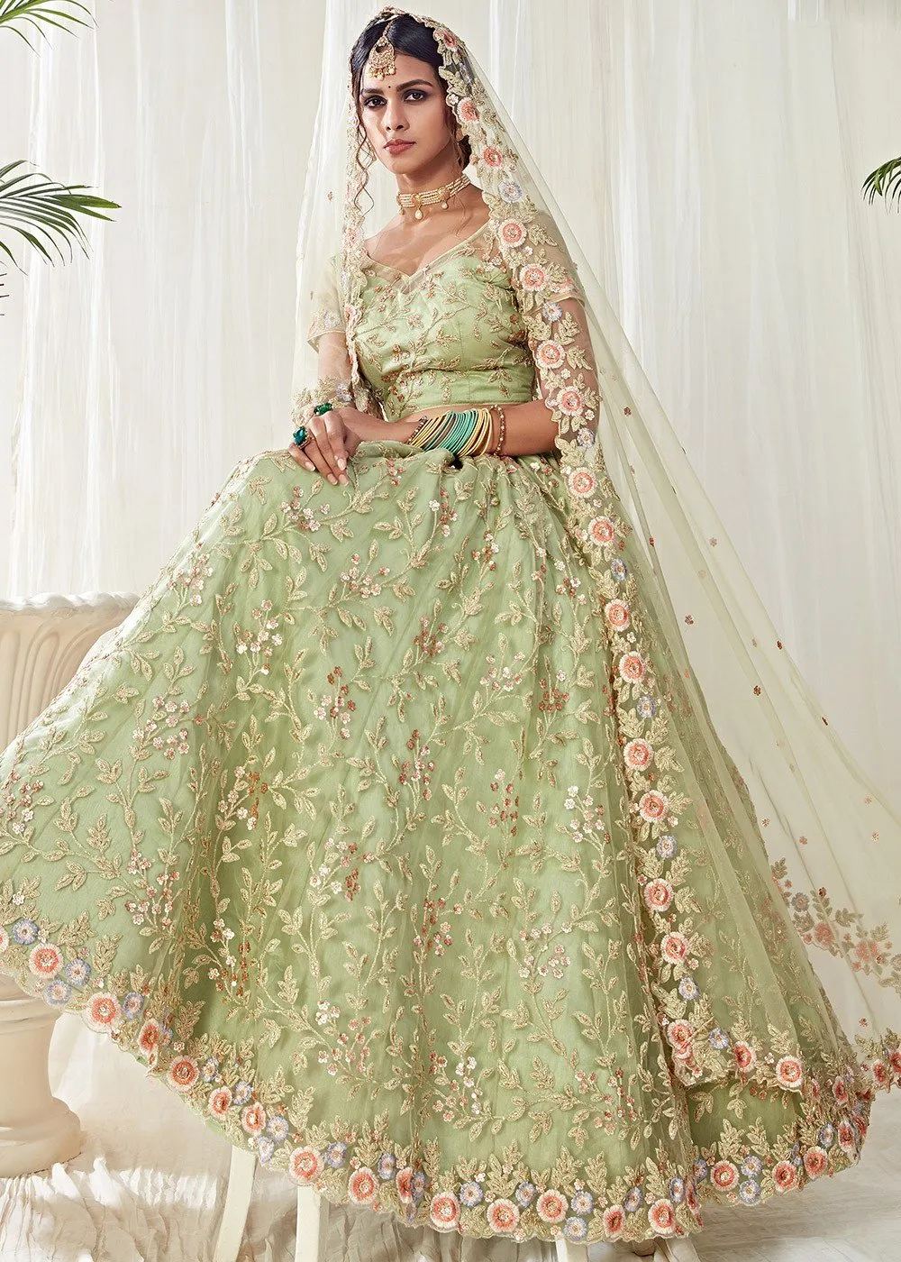 Pista Green Floral Embroidered Stunning Lehenga Choli