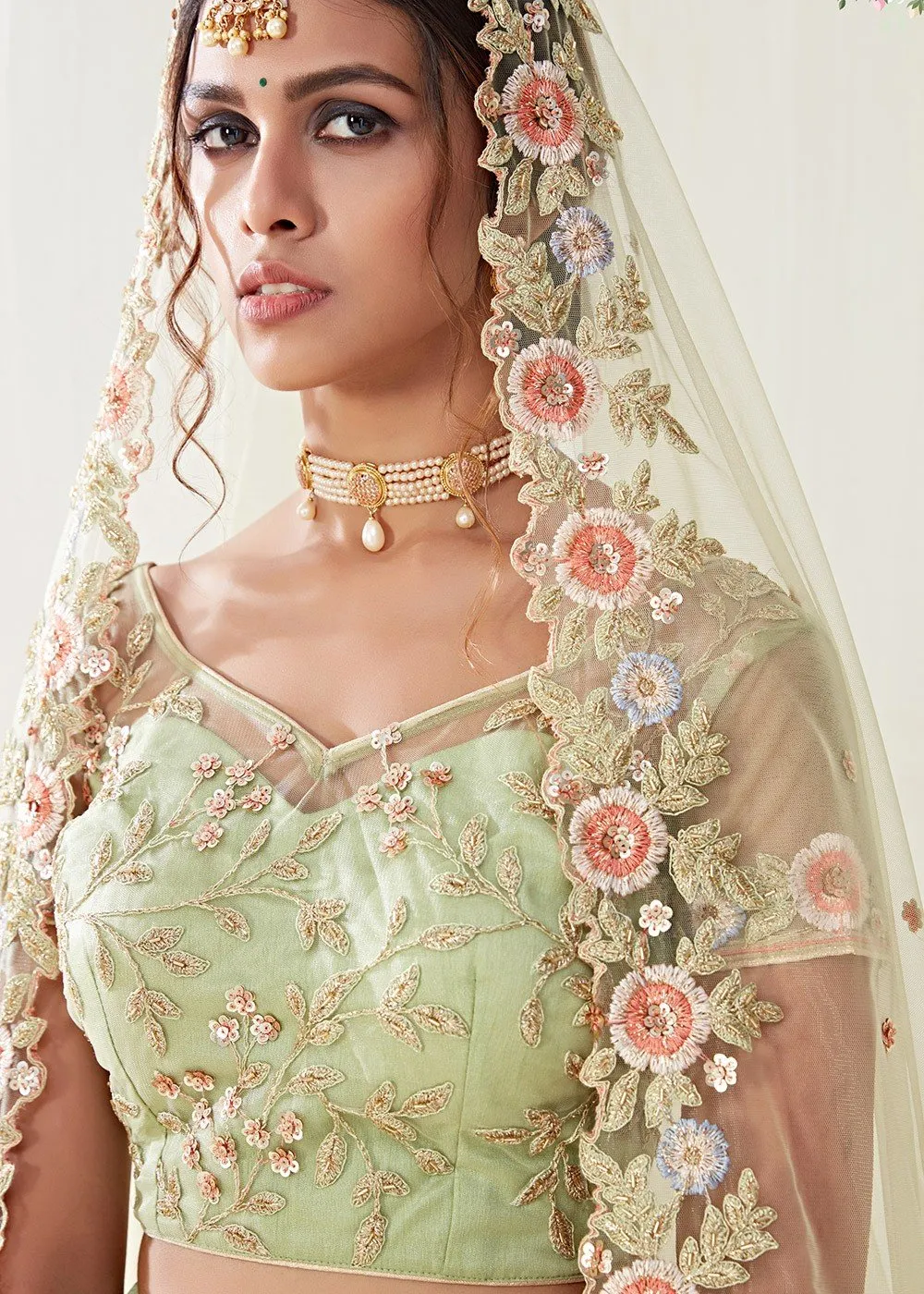 Pista Green Floral Embroidered Stunning Lehenga Choli