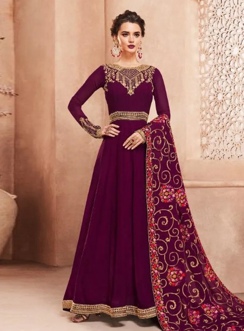 Plum Golden Multi Embroidered Flared Anarkali Suit