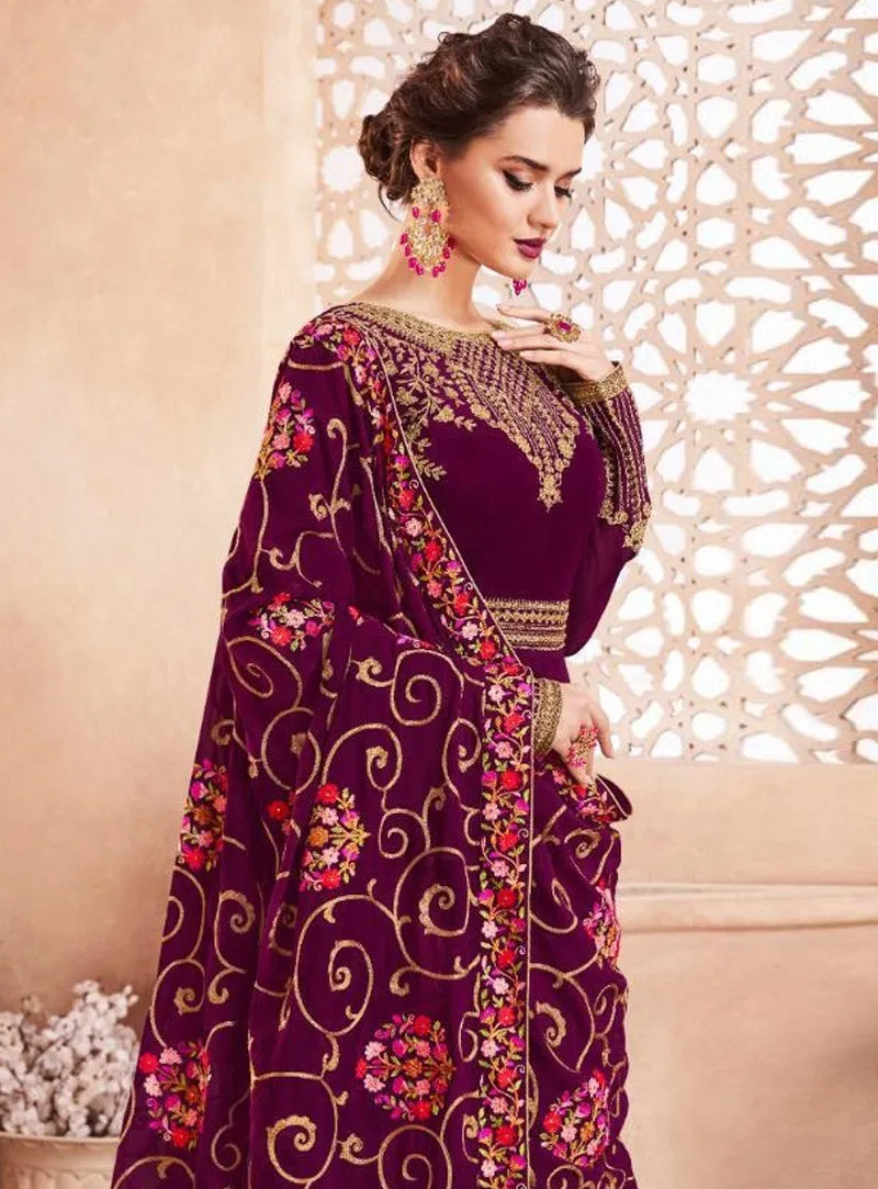 Plum Golden Multi Embroidered Flared Anarkali Suit