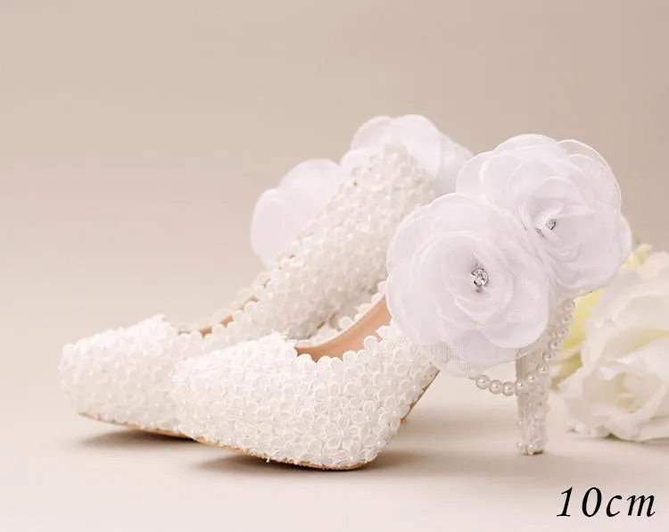 Pointed Toe Lace Pearls Wedding Shoes With Handmade Flowers, SY0127