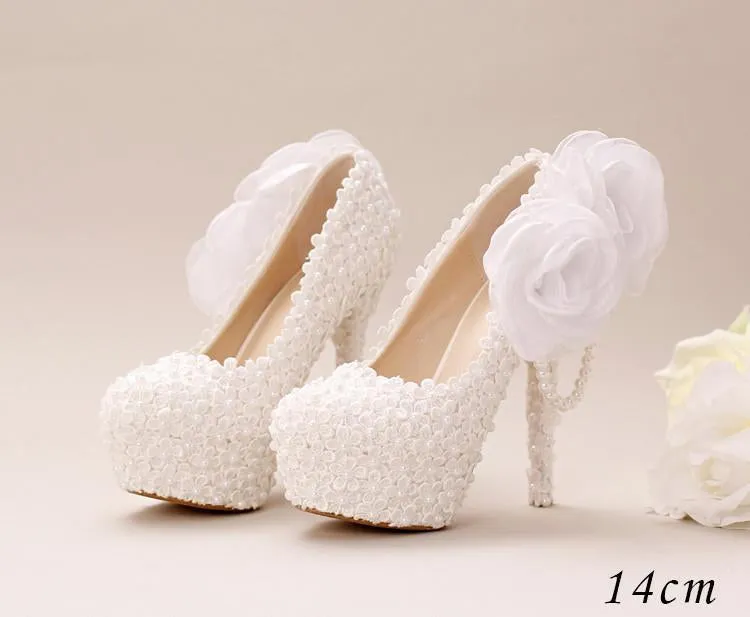 Pointed Toe Lace Pearls Wedding Shoes With Handmade Flowers, SY0127