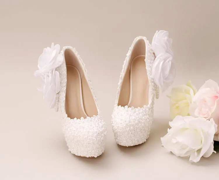 Pointed Toe Lace Pearls Wedding Shoes With Handmade Flowers, SY0127