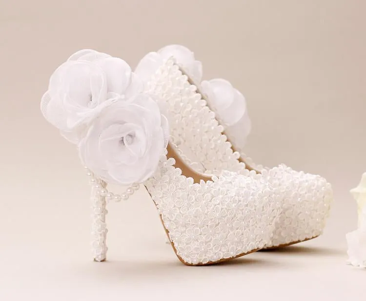 Pointed Toe Lace Pearls Wedding Shoes With Handmade Flowers, SY0127