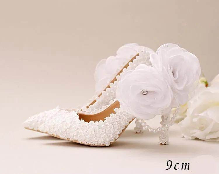 Pointed Toe Lace Pearls Wedding Shoes With Handmade Flowers, SY0127