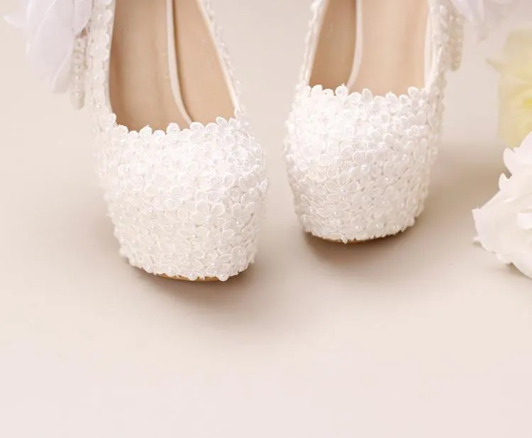 Pointed Toe Lace Pearls Wedding Shoes With Handmade Flowers, SY0127