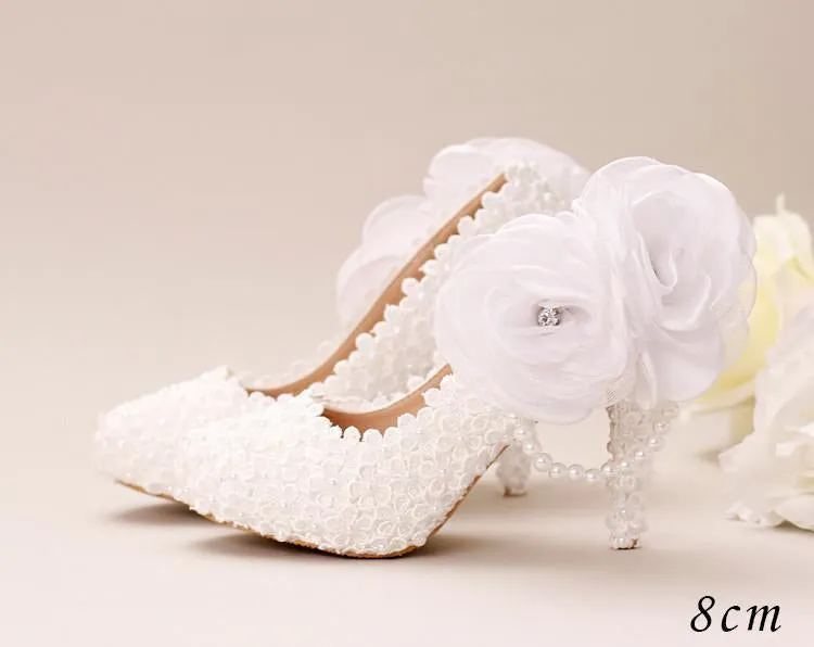 Pointed Toe Lace Pearls Wedding Shoes With Handmade Flowers, SY0127