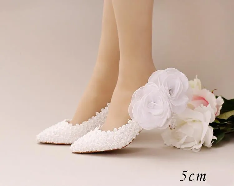 Pointed Toe Lace Pearls Wedding Shoes With Handmade Flowers, SY0127