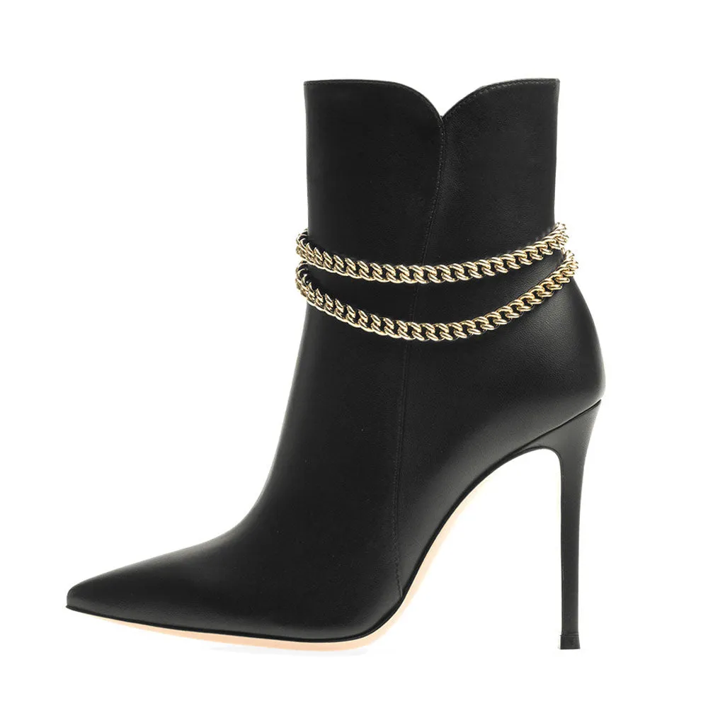 Powerful Pointed Toe Chain Strap High Heel Ankle Boots - Black