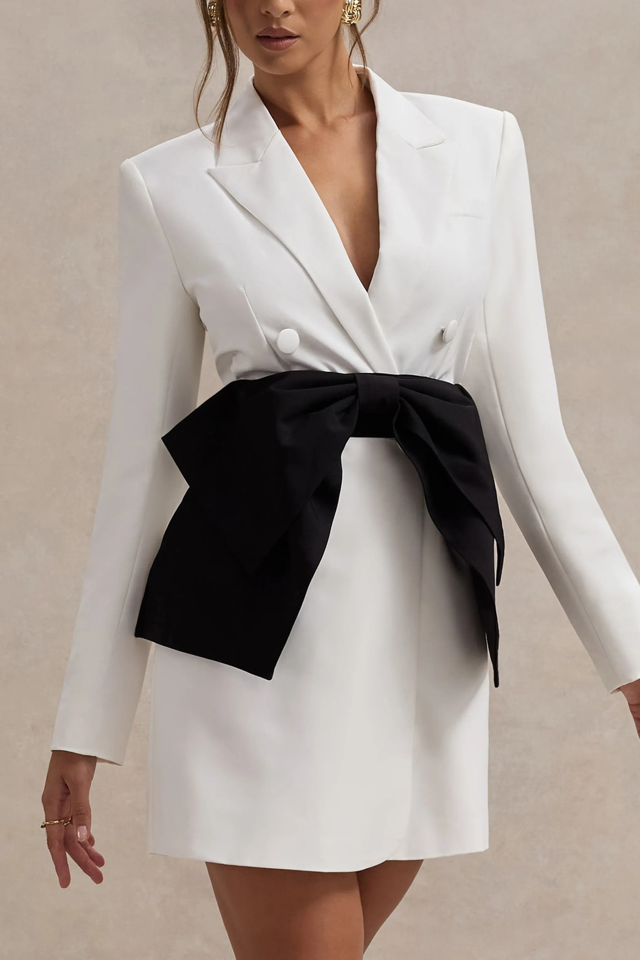 Prized | White Tailored Blazer Dress With Black Bow