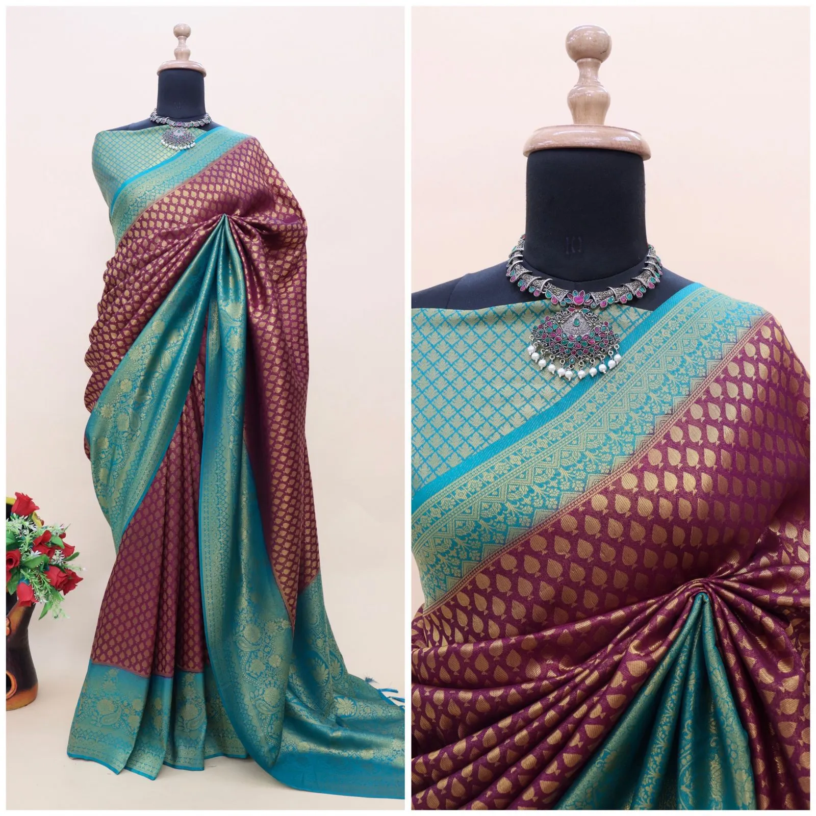 Purple and Sky Blue Kuber Soft Silk Saree with Exquisite Golden Jari Work & Matching Blouse