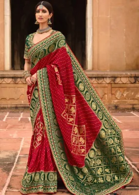 Red & Green Woven Dola Silk Saree Having Khatli work on Border & Blouse | Stitched Blouse