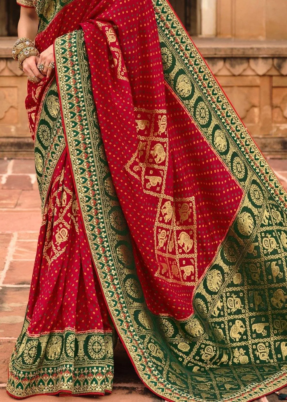 Red & Green Woven Dola Silk Saree Having Khatli work on Border & Blouse | Stitched Blouse