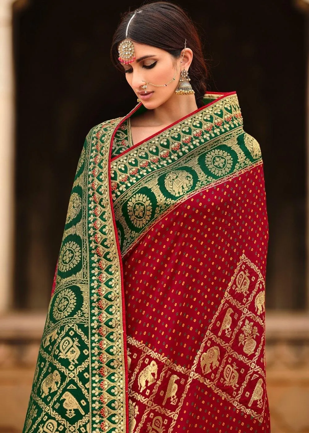 Red & Green Woven Dola Silk Saree Having Khatli work on Border & Blouse | Stitched Blouse