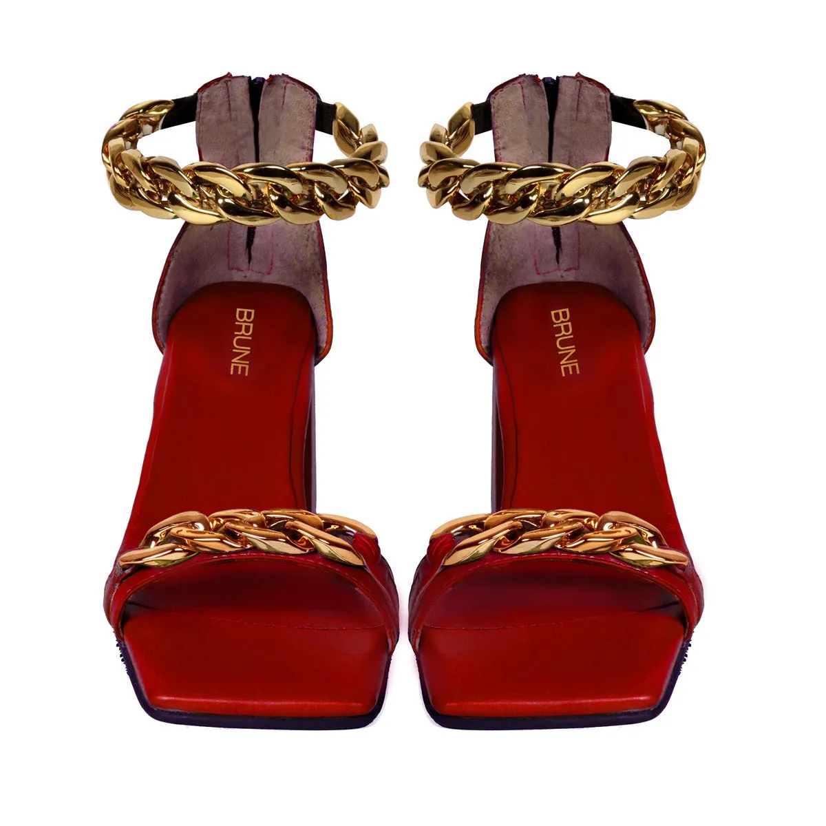 Red Blocked Heel Ladies Party Sandals with Golden Chain Closed Vintage Square Toe Zip Closure