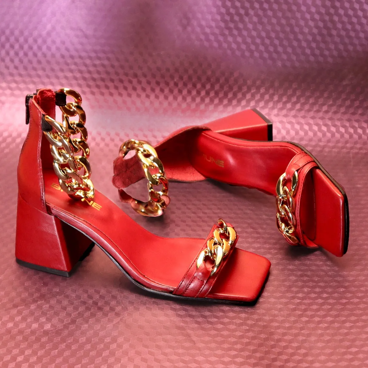 Red Blocked Heel Ladies Party Sandals with Golden Chain Closed Vintage Square Toe Zip Closure