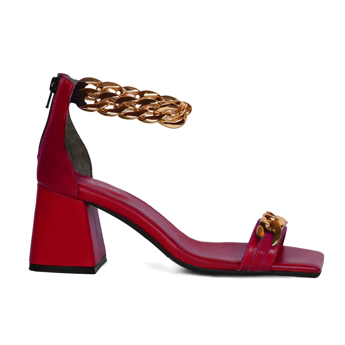 Red Blocked Heel Ladies Party Sandals with Golden Chain Closed Vintage Square Toe Zip Closure