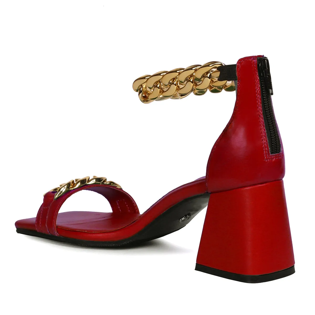 Red Blocked Heel Ladies Party Sandals with Golden Chain Closed Vintage Square Toe Zip Closure