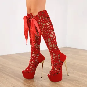 Red High heel over the knee womens boots. Hollow Out lace up wedding engagement boots. Sexy club boots.