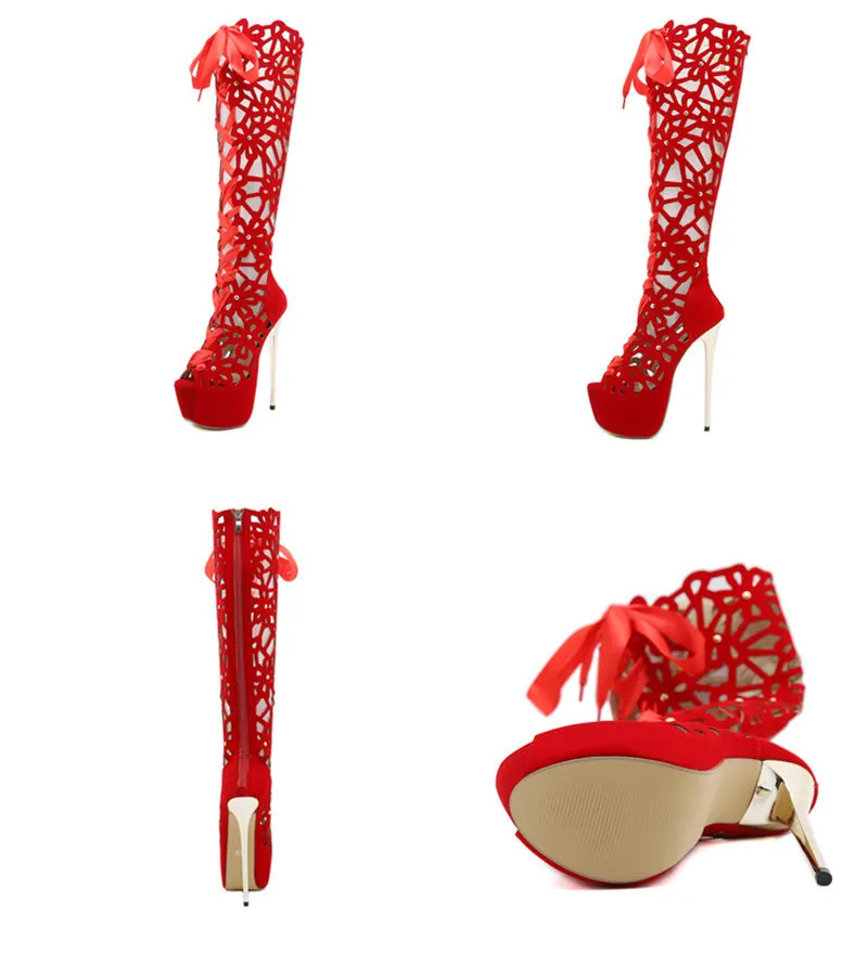 Red High heel over the knee womens boots. Hollow Out lace up wedding engagement boots. Sexy club boots.