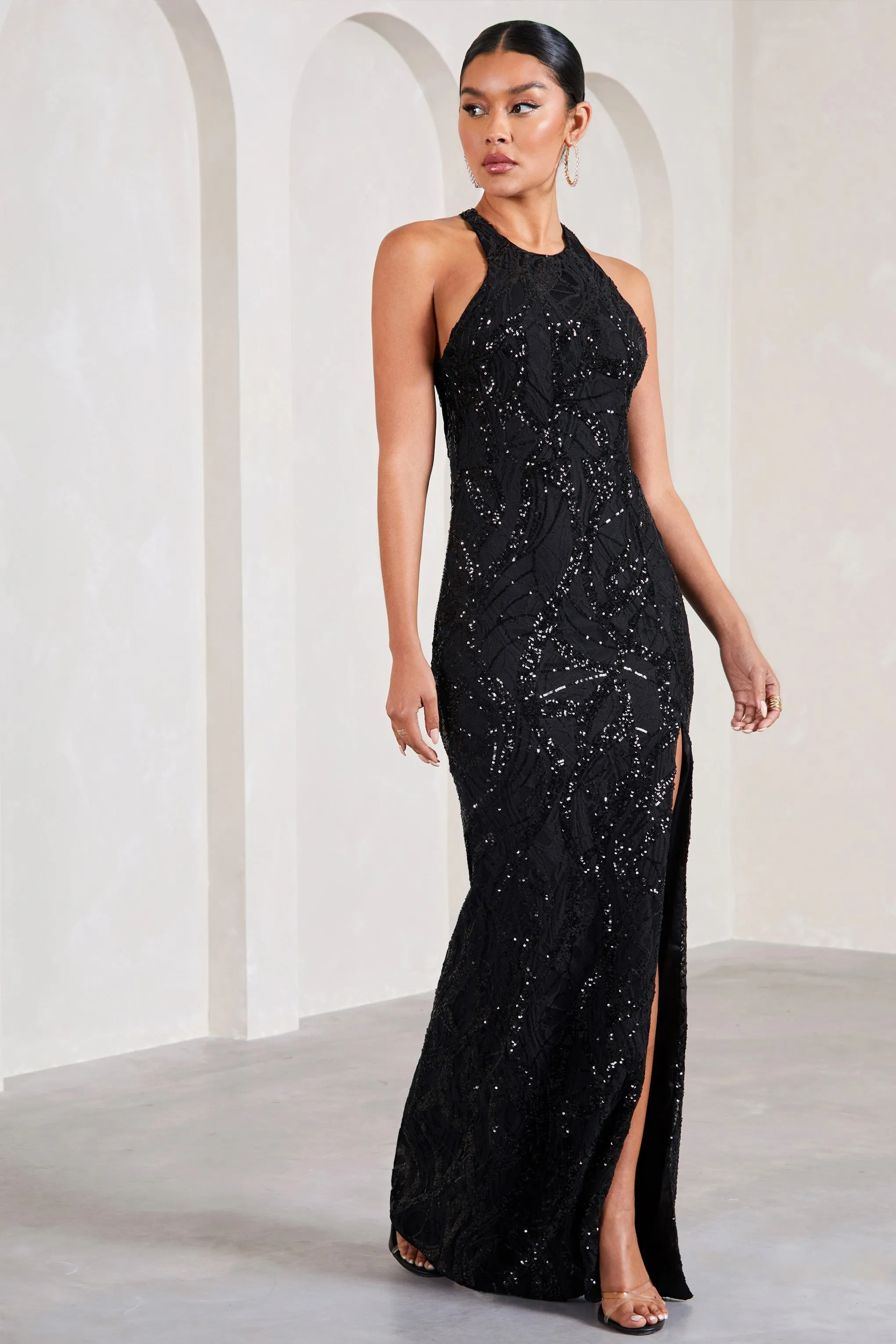 Reserved | Black Sequin Lace Split Maxi Dress